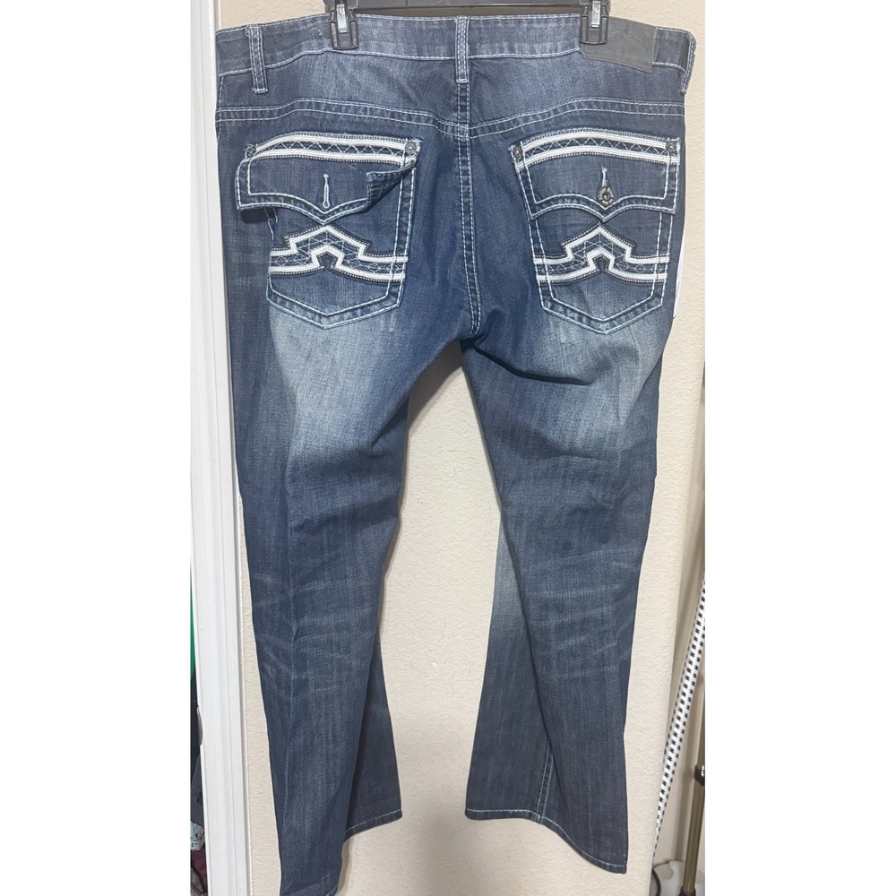 Antique Rivet Jeans Distressed‎ Denim Mens sz 38x30 white stitching RS20 bootcut